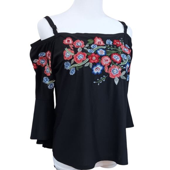 Artsy INC Off Shoulder Top Blouse S Floral Embroidered Flare Whimsigoth Coquette - Picture 1 of 10